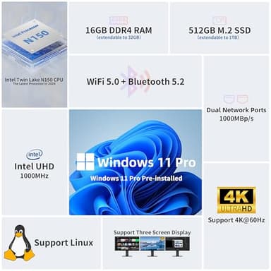 DreamQuest Mini PC Windows 11 Pro Preinstalled, Intel N150 (up to 3.6GHz) Mini Desktop Computers 16GB DDR4 512GB SSD, USB C, DP, HDMI, USB 3.2, Dual LAN,WiFi 5, Bluetooth, Support 4K 60Hz - Image 2