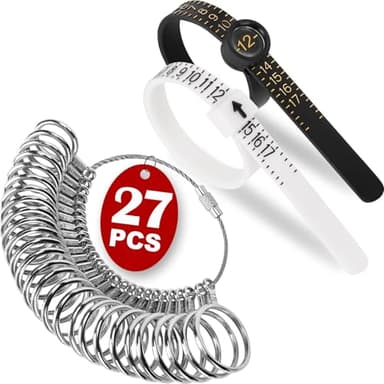 Ring Sizer Measuring Tool Kit, 27 PCS Premium Stainless Steel Measuring Ring Tool, US Ring Size 0-13 with Half Size, 2 PCS Reusable Finger Size 1-17 USA Rings Size with Magnified Glass - Image 1