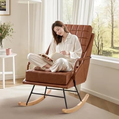 VECELO Rocking Chair Nursery, Oversize Leather Glider Rocker with Padded Cushion, Upholstered Removable High Back, Brown - Image 1