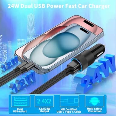 【Apple MFi Certified】iPhone 16 Car Charger Fast Charging, Rombica 4.8A USB Car Power Cigarette Lighter USB-C Car Charger with 2Pack Tyep-C Braided Cable for iPhone 16 Pro/16 Pro Max/15/15 Pro/iPad Pro - Image 6