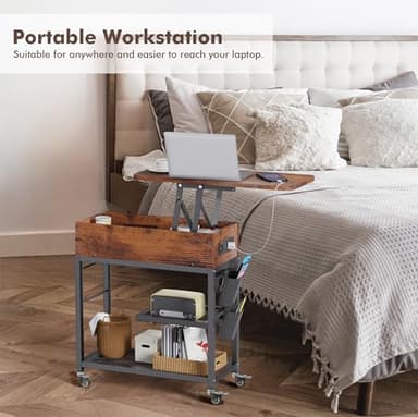 Colima Lift Top End Table with Charging Station and Wheels, Sofa Side Table with USB Port & AC Outlets, Movable Bedside Nightstand with Side Bag for Office Living Room Bedroom(Rustic Wood) - Image 9