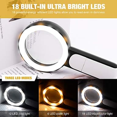 JMH Magnifying Glass with Light, 30X Handheld Large 18LED Cold and Warm Light with 3 Modes, Illuminated Magnifier for Seniors Reading, Inspection, Coins, Jewelry, Exploring - Image 5