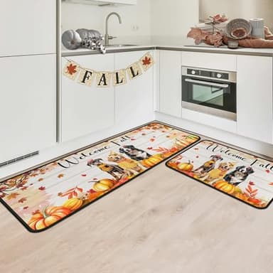 OUXIOAZ Welcome Fall Pumpkin Decorative Kitchen Rugs Set of 2, Autumn Pet Pumpkin Kitchen Mats Decor Dog Lover Gifts, Maple Leaves Thanksgiving Kitchen Mat 17"x47"+17"x30" - Image 3