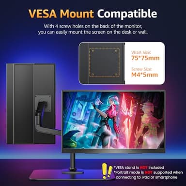 Upperizon Portable Monitor 18.5" FHD 125% sRGB 100Hz IPS HDR HDMI USB-C Travel Monitor for Laptop MacBook PC Surface PS5 Xbox, Large External Display with Kickstand & Speakers, VESA Compatible - Image 6