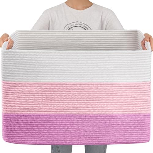 OIAHOMY 108L Super Large Blanket Basket, 25”x16”x16” Rectangle Woven Baskets for Storage, Cotton Rope Basket For Living Room, Toy Storage with Handle - Gradient Pink - Image 1