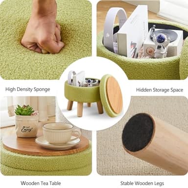 Wimarsbon Storage Ottoman, Modern Round Footrest with Soft Padded Seat, Teddy Velvet Footstool with Wood Legs, Accent Small Table or Plant Stand for Hallway, Living Room (Brilliant Green) - Image 4