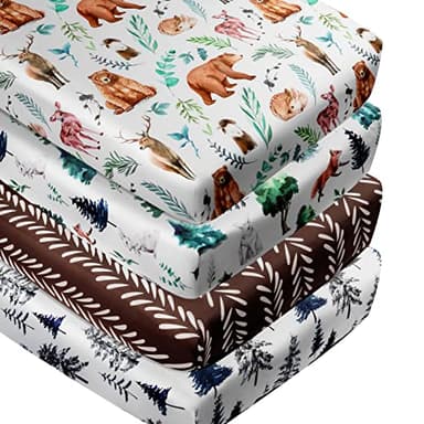 4 Pack Woodland Forest Animals Wood Neutral Unisex Fitted Baby Crib Sheets Set for Baby Boys or Girls - Image 1