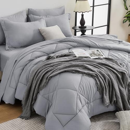 HEVUMYI Light Grey 120x98 Oversized King Comforter Set - 7-Piece All Season Bed in a Bag Oversized King, Ultra Soft Bedding Set with Comforter, Flat Sheet, Fitted Sheet, Pillowcases, Pillow Shams - Image 1