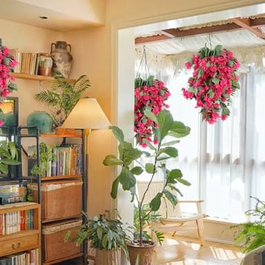 RECUTMS Artificial Fake Hanging Plants Flowers for Outdoor 4pcs Faux Silk Bougainvillea Long Vines Stems Realistic UV Resistant Home Porch Patio Balcony Garden Yard Outside (Rose Red) - Image 4