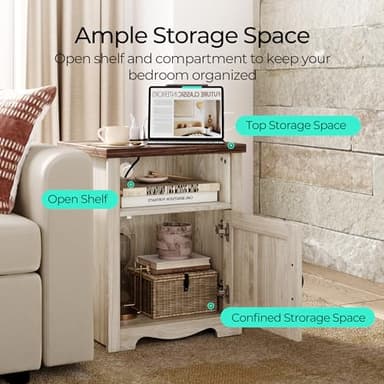 LINSY Farmhouse Night Stand Set of 2, 18.9” Wood End Table with Charging Station, Side Table for Bedroom, Living Room, Couch with USB Ports and Outlets, Nightstand with Storage, Beige - Image 7