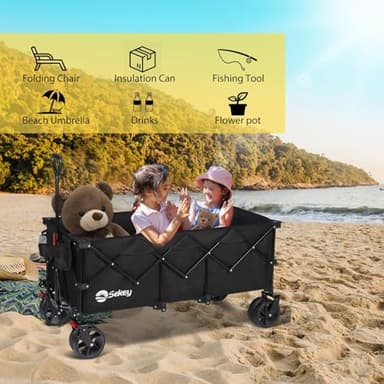 Sekey 48''L Collapsible Foldable Extended Wagon with 440lbs Weight Capacity, Heavy Duty 300L Folding Utility Garden Cart with Big All-Terrain Beach Wheels & Drink Holders. Black - Image 8