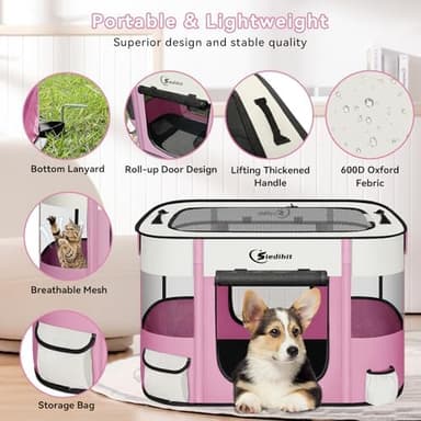 Dog Cat Playpen, Pet Puppy Portable Playpens for Outdoor Travel Crate, Indoor After Surgery Use, Foldable Dog Kennel Tent for Rabbit or Small Animals and Tent Stakes (Pink, Small - Image 7