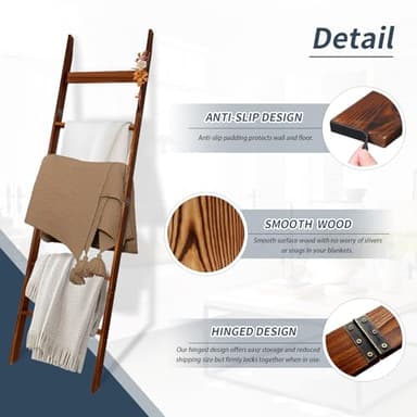 Wooden Blanket Ladder with Removable Hooks, 6-Tier 5.66 Ft (68 Inch) Rustic Blanket Rack, Blanket Ladders for Living Room & Bedroom, Easy Assembly, Perfect for Displaying Blankets & Scarves, Brown - Image 6