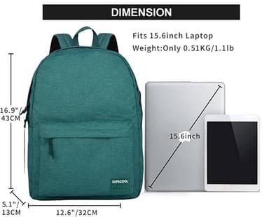 SUPACOOL Casual Laptop Backpack for Men and Women, Backpack for College, USB Charging Port, Lightweight Pack Back(Green) - Image 6