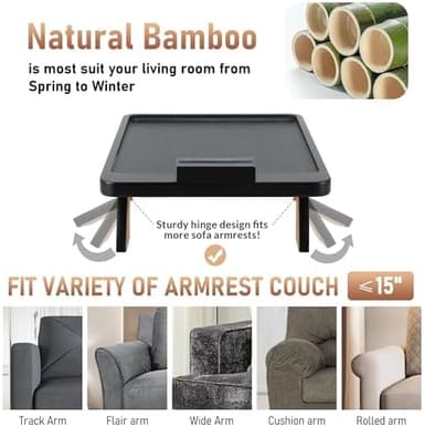 SINWANT Couch Armrest Table, Large Bamboo Couch Arm Table 360° Phone Holder,Foldable Sofa Arm Tray for Eating Drinking Snacks Remote on Chair Armrest - Image 5