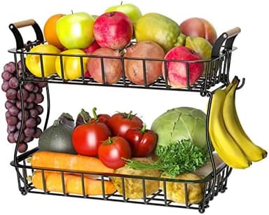 2-Tier Countertop Fruit Basket Bowl Storage with Two Banana Hangers and Wooden Handles, Black - Image 3