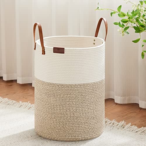 VIPOSCO Tall Laundry Basket, Large Dirty Clothes Hamper with Leather Handle, Woven Rope Storage Basket for Blanket, Toy In Living Room, Bathroom, Bedroom - 58L White & Brown - Image 1