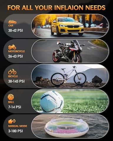 KUXISA Tire Inflator Portable Air Compressor, 180PSI Air Compressor with Digital Pressure Gauge, 3X Faster Portable Air Pump for Car, Motorcycle, Bicycle, Ball and More(Black - Image 7