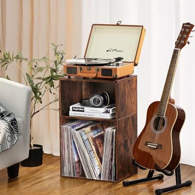 LEYAOYAO 2 Cube Bookshelf,Brown Record Player Stand Holds up to 100 Albums, Mini Wood Book Shelf Storage Organizer,Turntable Stand with Vinyl Storage Cabinet, Narrow Open Bookcase for Small Spaces - Image 2