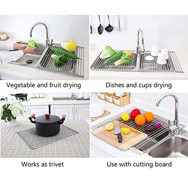 Tomorotec 17.7" x 15.5" Roll Up Dish Drying Rack Over Sink Drying Rack Sink Cover Kitchen Sink Accessories Gadget Multipurpose Organizer Foldable Stainless Steel Drainer (Grey) - Image 8