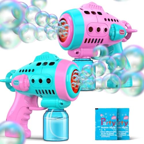 2 Bubble Gun with 2 Pack Refill Solution, 360° Leak-Proof Bubble Machine for Toddlers, Automatic Bubble Guns for Kids, Easter Basket Stuffers, Party Favors, Birthday Gift (Pink-Green) - Image 1