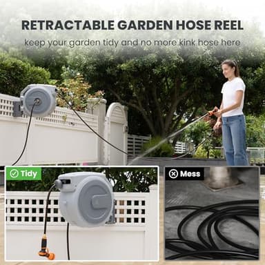 Giraffe Tools Heavy Duty Retractable Garden Hose Reel 1/2 130 FT, Wall Mounted with 9 Pattern Nozzle & Detachable Leader Hose, 180° Swivel Bracket, Any Length Lock, Commercial Grade (Light Grey) - Image 6
