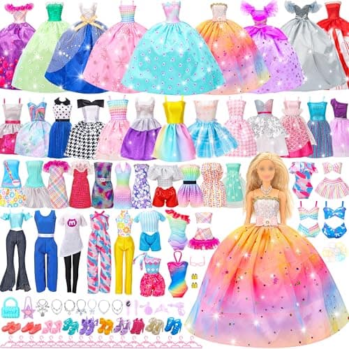 Style Shine 70 Pcs Doll Clothes and Accessories,2 Wedding Gown 6 Fashion Dresses 2 Set Casual Outfits 1 Top 1 Pant Bikini 1 Swimsuit,20 Hanger 10 Shoe 27 Accessories Toys for Girls Kids Birthday Gift - Image 1