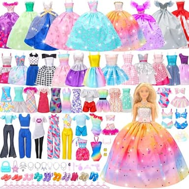 Style Shine 70 Pcs Doll Clothes and Accessories,2 Wedding Gown 6 Fashion Dresses 2 Set Casual Outfits 1 Top 1 Pant Bikini 1 Swimsuit,20 Hanger 10 Shoe 27 Accessories Toys for Girls Kids Birthday Gift - Image 1