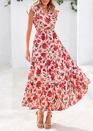 PRETTYGARDEN Women's 2025 Summer Floral Midi Dress Cap Sleeve V Neck Ruffle Long Flowy Boho Casual Beach Vacation Dresses (Floral Orange Pink Red,XX-Large) - Image 3