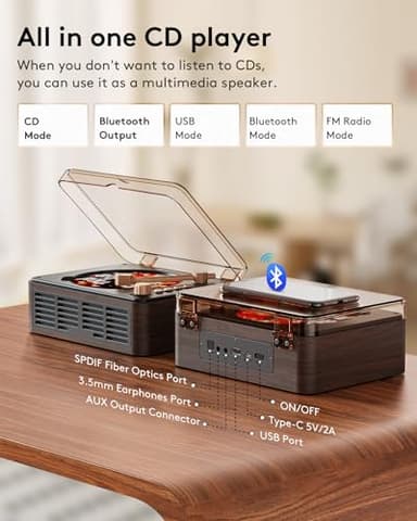 CARONSORT CD Player with Speakers Bluetooth Nostalgic Retro Portable CD Players for Home Wood Music Player FM Radio for HomeWired and Remote Control-Walnut Brown - Image 4