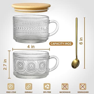 LANDNEOO 12pcs Set Irish Coffee Glasses, Vintage Coffee Mugs, Overnight Oats Containers with Bamboo Lids and Spoons - 14oz Clear Embossed Glass Cups, Cute Coffee Bar Accessories, Iced Coffee Glasses - Image 6