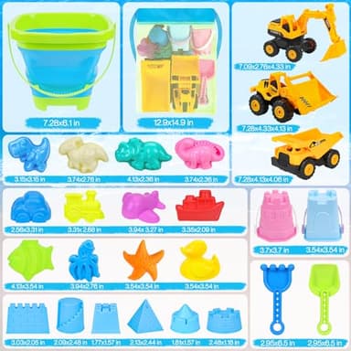 FHOZGECY Beach Toys, 35Pcs Sand Toys with 3 Construction Vehicles, 3 Collapsible Beach Bucket, Sand Castle Building Kit, Sand Molds, Shovel Set, Mesh Bag, Travel Toys for Toddlers Kids Boys Girls - Image 6