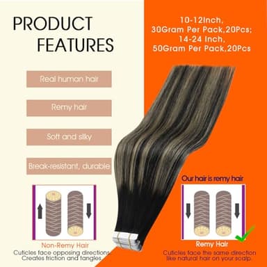 Full Shine Tape ins Human Hair Extensions Balayage Tape in Hair Extensions 16Inch Seamless Skin Weft Tapes Extension 20pcs 1B Black to 27 Honey Blonde with 1B Invisible Straight Full Head 50G - Image 2
