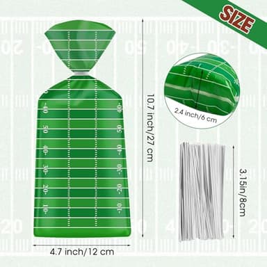 100 Pcs Football Goodie Bags - Brown Green Football Treat Bags, Plastic Rugby Sport Cellophane Snack Gift Candy Goody Bag with Silver Twist Ties for Sports Team Events Birthday Party Favors Supplies - Image 4