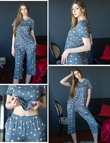 Ekouaer Women's Sleepwear Capri Pajama Sets Short Sleeve Two-Piece Pjs V Neck Tops & Capri Pants with Pockets S-3XL - Image 2
