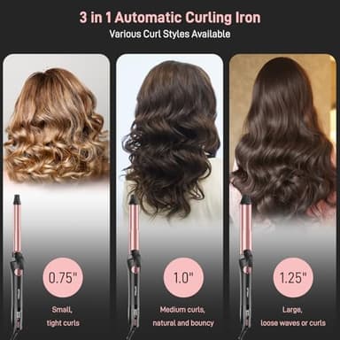 Rotating Curling Iron - 3 in1 Automatic Curling Iron with Interchangeable CurlingWand, 3/4, 1 1/4, 1 Inch CurlingIron for Lasting Beach Waves, Adjustable Temp, Instant Heat, Dual Voltage (Black) - Image 3