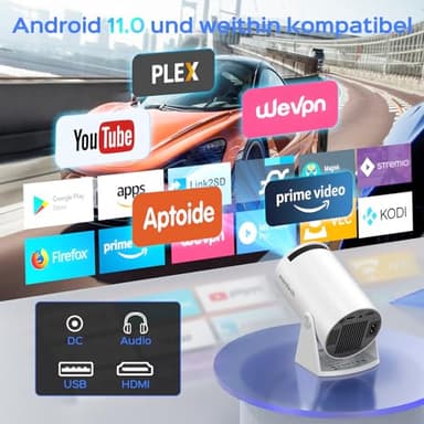 Mini Projector With WiFi and Bluetooth, 180 Rotatable Portable, 150" Smart With Android TV 11, 1080P Support Decoding Projectors 4K, 2.4G/5G WiFi6, Auto Keystone for Home Outdoor Proyector, White - Image 6