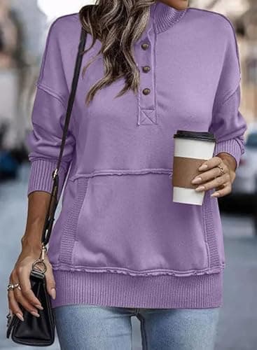 SHEWIN Womens Sweatshirt Casual Long Sleeve Lightweight Sweatshirts Loose Button V Neck Pullover Tops Fall Clothes for Women 2025,US 8-10(M),Purple - Image 3