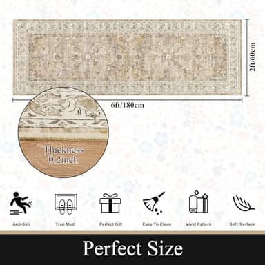 U'Artlines 2' x 6' Boho Hallway Runner Rug Vintage Farmhouse Non Slip Soft Washable Accent Runner Carpet for Kitchen, Entryway, Laundry, Living Room(Cream Tan) - Image 2
