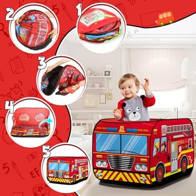 Britik Pop up Play Tent for Kids Aged 1-3 Years Old Boys and Girls : Fire Truck Tent Playhouse Toy Play Tents for Toddlers 3-5 Kids Tent Indoor Outdoor Playhouse Toys for 1 + Year Old, Fire Truck - Image 2