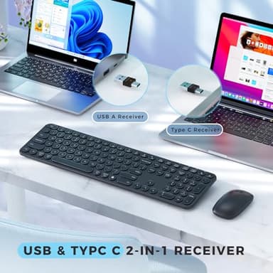 seenda Wireless Keyboard and Mouse, USB & Type C 2-in-1 Receiver, SK73-3 Full Size Black Wireless Keyboard Mouse Combo, Compatible for Windows, MacBook Pro/Air, Laptop, Desktop, PC - Black - Image 2