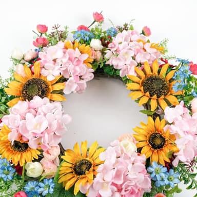 Lotus Hills 22" Spring Wreaths for Front Door, Front Door Wreath with Sunflower Pink Hydrangea Daisy Eucalyptus, Spring Summer Wreath Outdoor, Blooming Artificial Floral Decorations for Home Office - Image 3