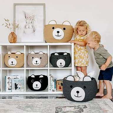CherryNow Cotton Rope Baby Cute Storage Basket for Organizing, Toy Woven Rope Bear Basket for Kids, Empty Gift Baskets with Handles, Grey, 15.7" D x 10.5" H - Image 2