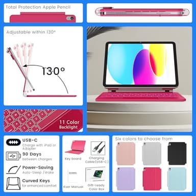 RAYMCRAFT for iPad 11th(A16, 2025)/10th Generation Case with Keyboard, Magic Keyboard 2022, Springy Backlit Keys, Stain-Resistant Surface, Multi-Touch Trackpad, Azalea Red - Image 7