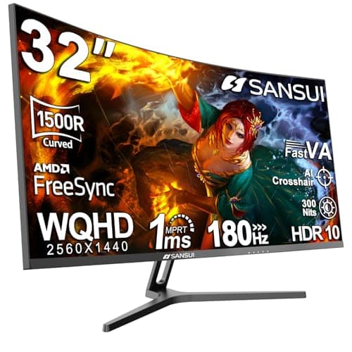 SANSUI 32-Inch Curved Gaming Monitor WQHD 2560 x 1440 180Hz Curved 1500R -Fast VA,1ms(OD), HDR, 300nits, sRGB 125%, DCI-P3 95%, FreeSync, HDMI x2, DP1.4x2(DP Cable Included) - Image 1
