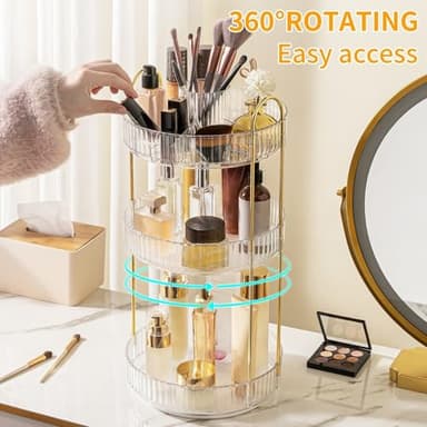 360° Rotating Makeup Organizer, Large-Capacity Skincare Make Up Storage 3 Tier Perfume Organizers Cosmetic Dresser Organizer with Makeup Brush Holder, Fits Bedroom, Bathroom, Vanity Shelf Countertop - Image 4