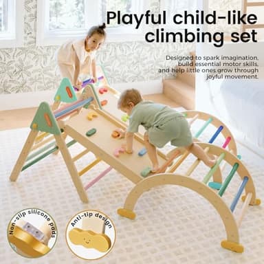 Tiny Land Pikler Triangle Set,7-in-1 Foldable Montessori Toddler Climbing Toys Indoor, Wooden Playground Jungle Gym for Kids, Climber Gift for Boys & Girls Toddler Climbing Toys (Morandi) - Image 2