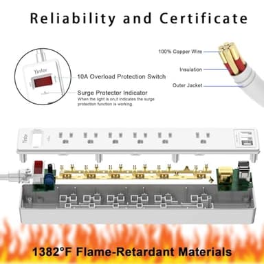 10 Ft Power Strip Surge Protector - Yintar Extension Cord with 6 AC Outlets and 3 USB Ports for Home, Office, Dorm Essentials, 1680 Joules, ETL Listed, White - Image 6