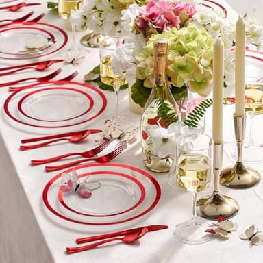 By Madee HEAVYWEIGHT 150 Pc Christmas Plates Dinnerware Set | Clear and Red Plastic Plates, Utensils & Gift Butterflies | Fancy Disposable Plates for Weddings, Birthdays & Holidays (25 Guests) - Image 4