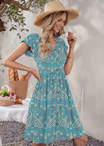 WNEEDU Women Summer Dresses Sleeveless Casual Loose Swing Button Down Midi Dress with Pockets(New Floral Green,XL) - Image 2